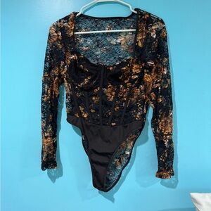 Elegant Black and Gold Lace Bodysuit